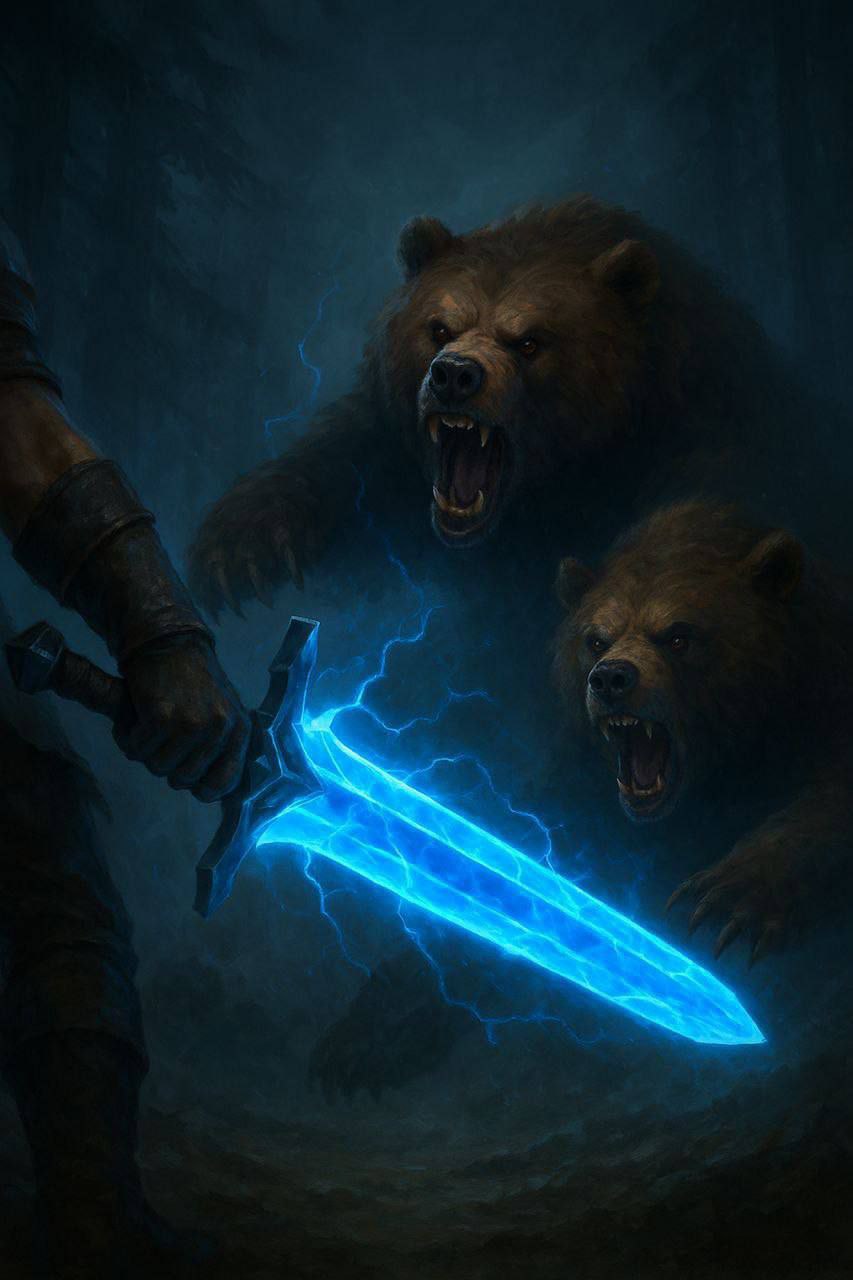 SWORD warrior facing bears with glowing blue sword