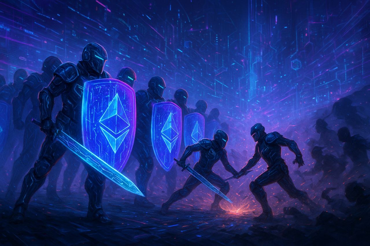 Futuristic warriors with Ethereum shields and glowing swords in battle