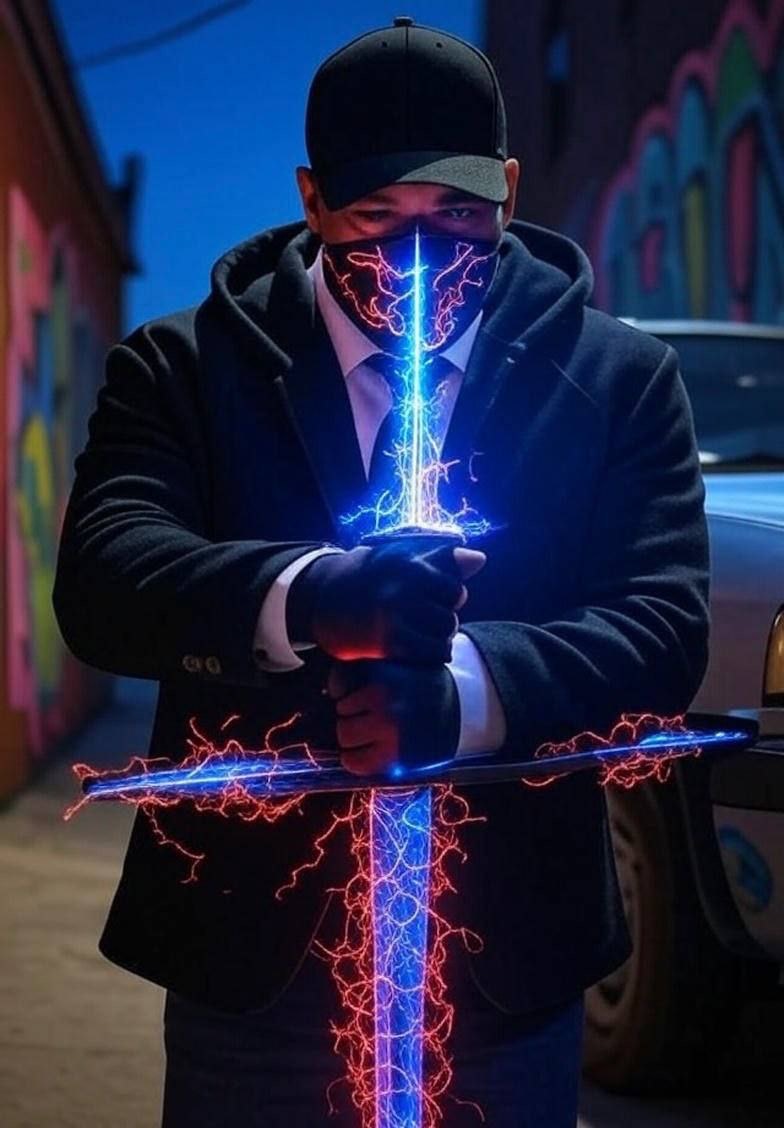Mysterious figure wielding electrified SWORD with blue and red lightning